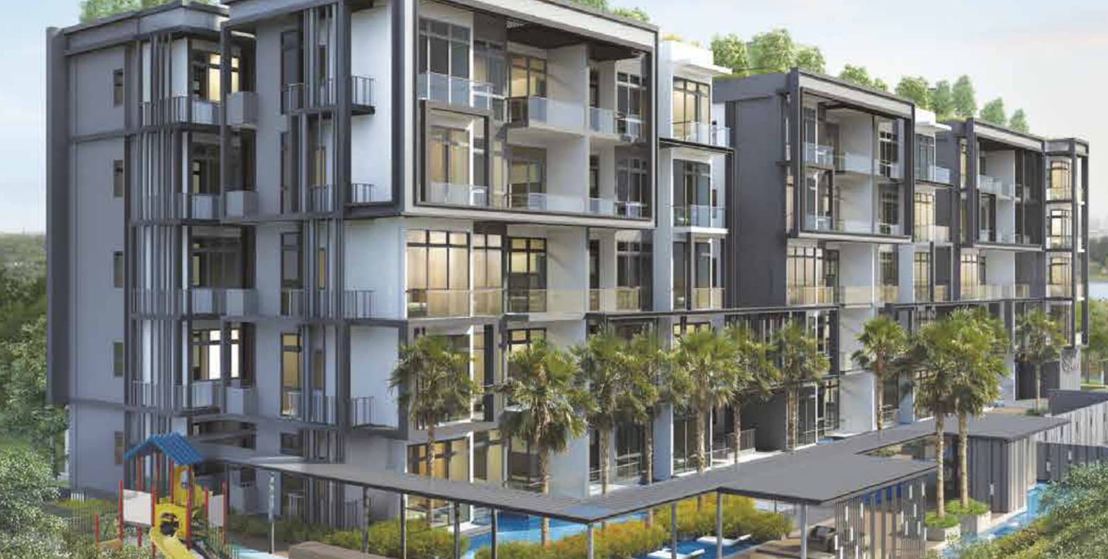 Adana @ Thomson: the three 5-storey blocks with roof gardens above the pool, among the trees by Lower Peirce Reservoir