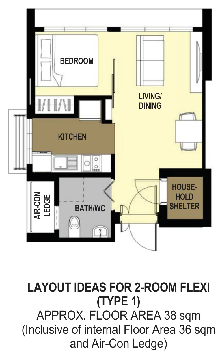 HDB floor plan of a 2-room Flexi flat at Alkaff CourtView, about 38 sqm
