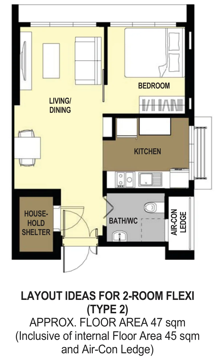 HDB floor plan of a 2-room Flexi flat at Alkaff CourtView, about 47 sqm