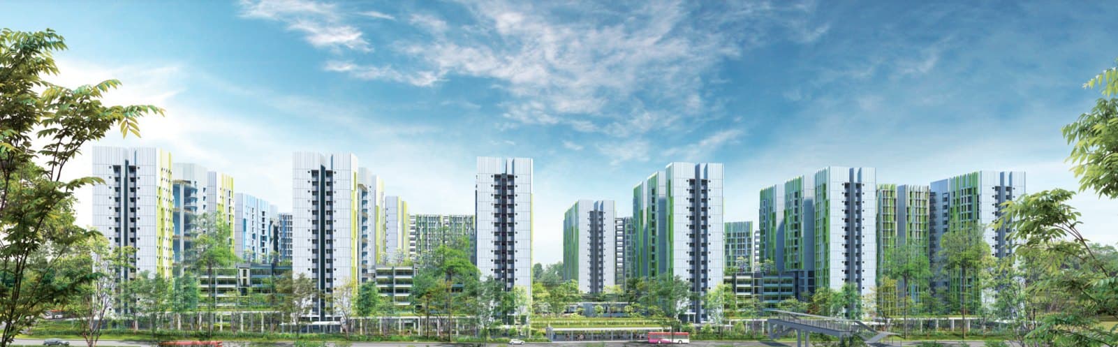 Artist’s impression of the Alkaff estates in Bidadari: white HDB blocks of 16 and 17 storeys with green facade panels and car park roof gardens, seen across a tree-lined road with a bus stop and a link bridge