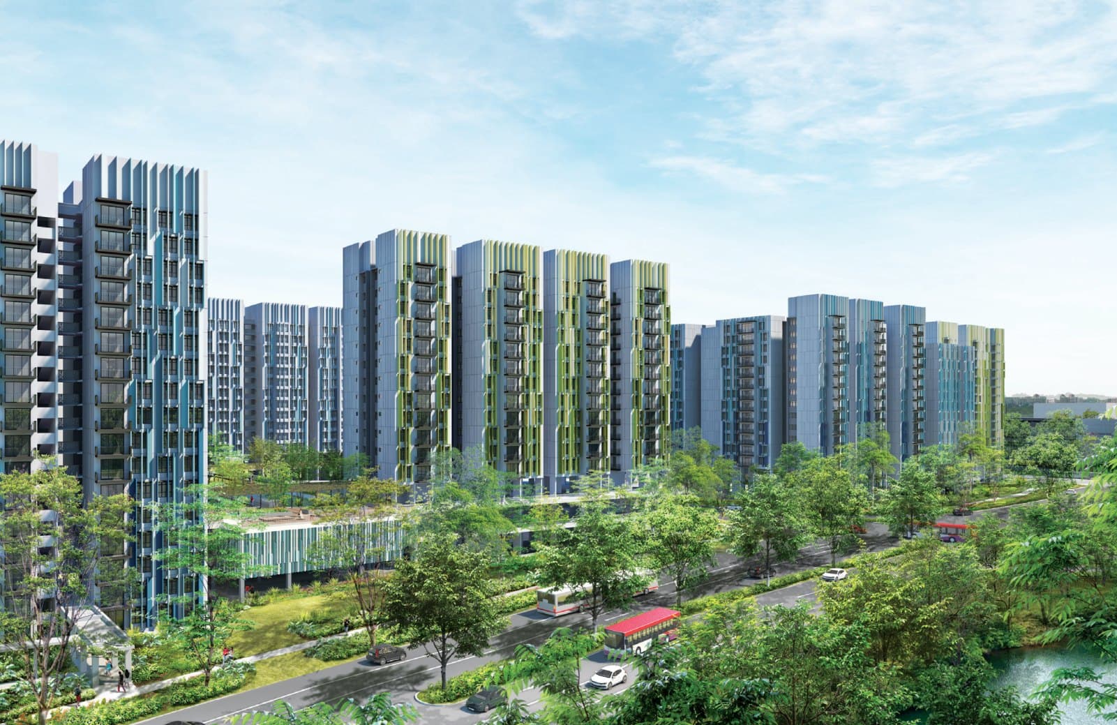 Artist’s impression of Alkaff LakeView and its neighbours in Bidadari: tall blue-grey HDB blocks with green facade fins above a car park roof garden, a road with buses and the lake in the foreground
