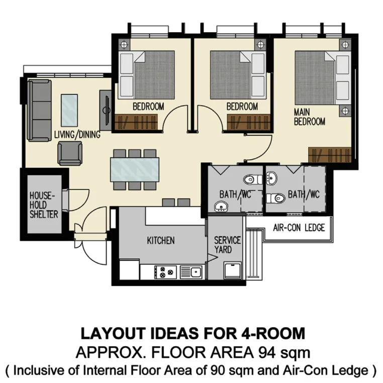 HDB floor plan of a 4-room flat at Alkaff Vista, about 94 sqm