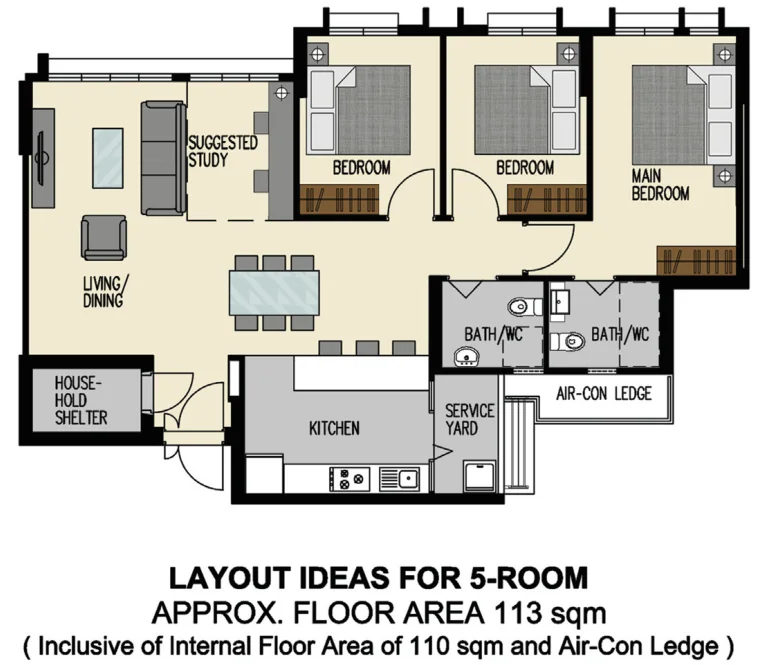 HDB floor plan of a 5-room flat at Alkaff Vista, about 113 sqm