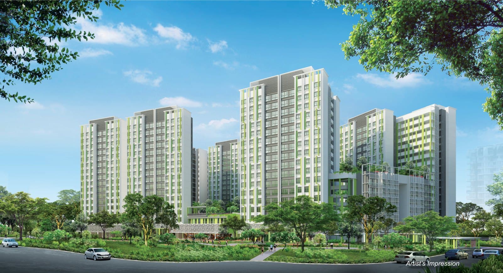 Artist’s impression of Alkaff Vista: white HDB blocks of 7 to 17 storeys with green facade strips behind a landscaped verge along Upper Serangoon Road