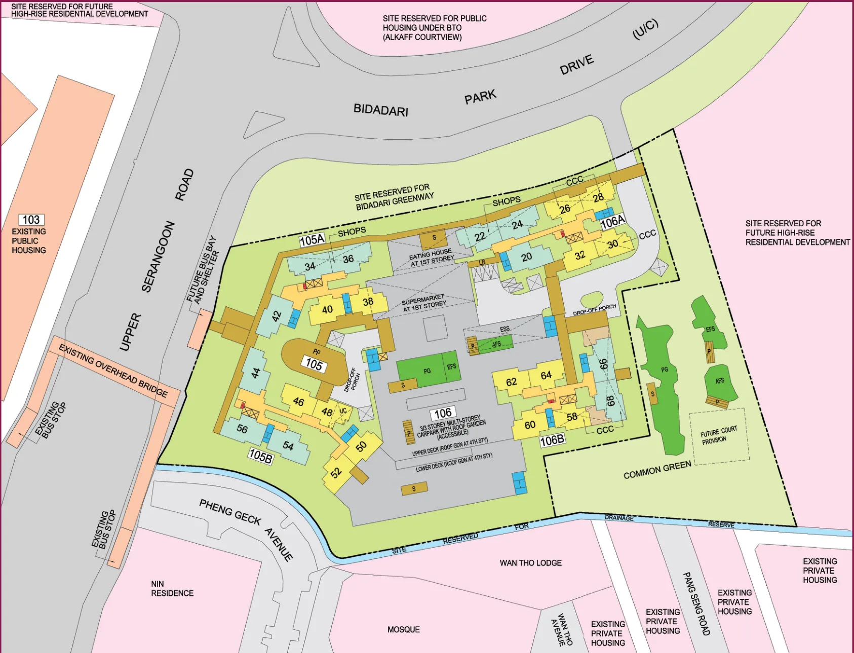HDB site plan of Alkaff Vista, blocks 105A, 105B, 106A and 106B