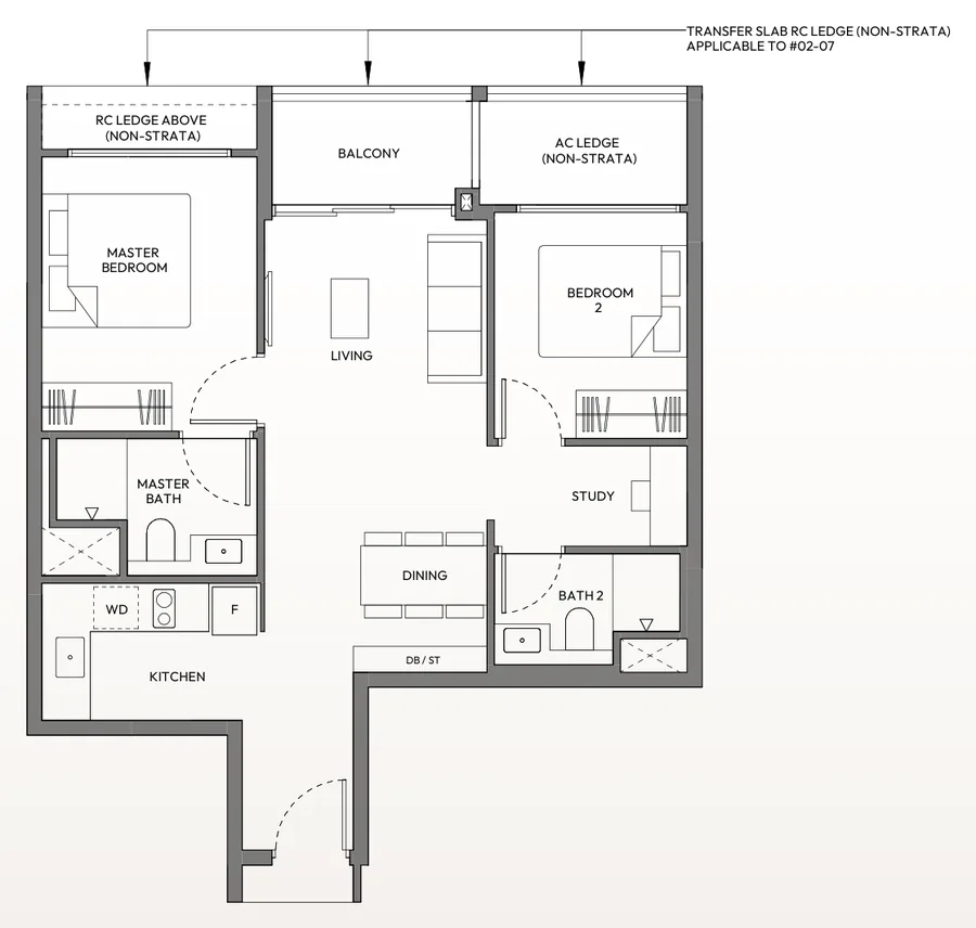 Floor plan of Amber House type B2, 2-Bedroom + Study, 732 sq ft