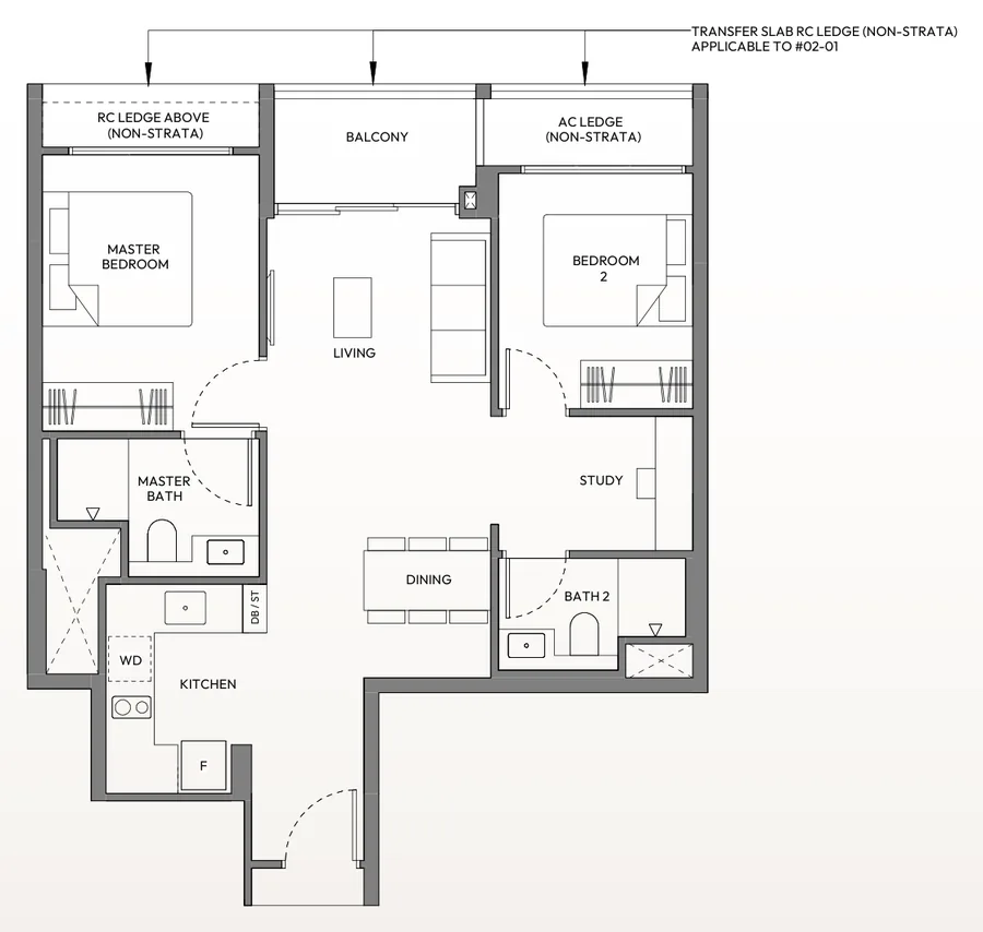 Floor plan of Amber House type B3, 2-Bedroom + Study, 753 sq ft