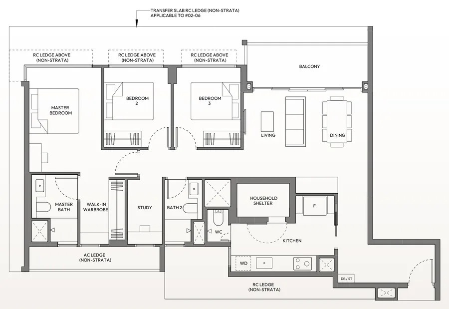 Floor plan of Amber House type C2, 3-Bedroom + Study, 1,216 sq ft