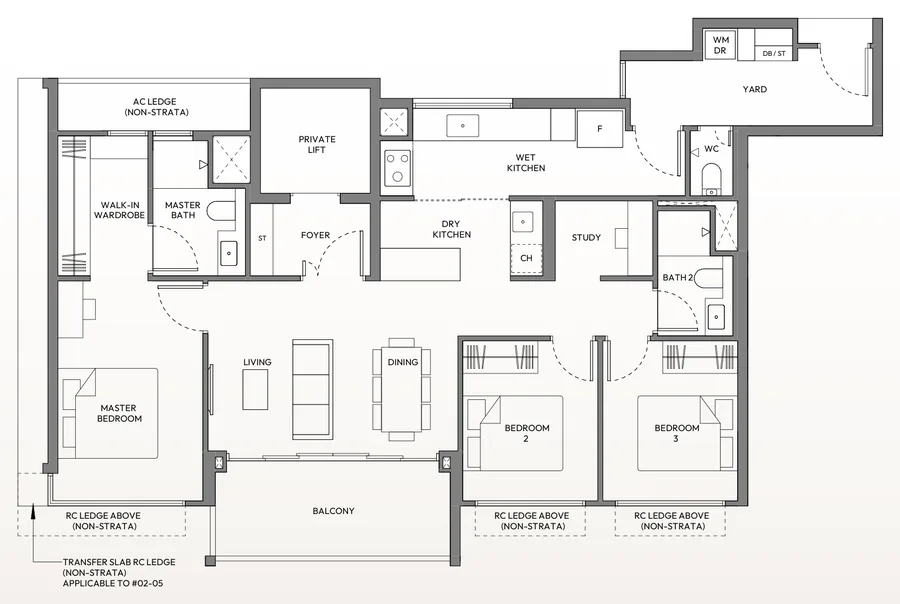 Floor plan of Amber House type C3, 3-Bedroom Premium, 1,238 sq ft
