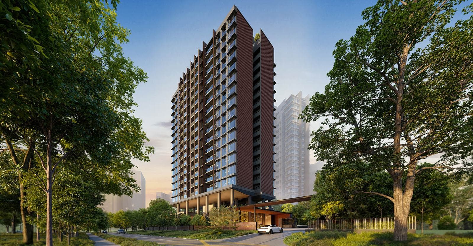 Artist's impression of the 16-storey Amber House tower standing on tall columns above its arrival bay, seen from Amber Gardens between mature trees