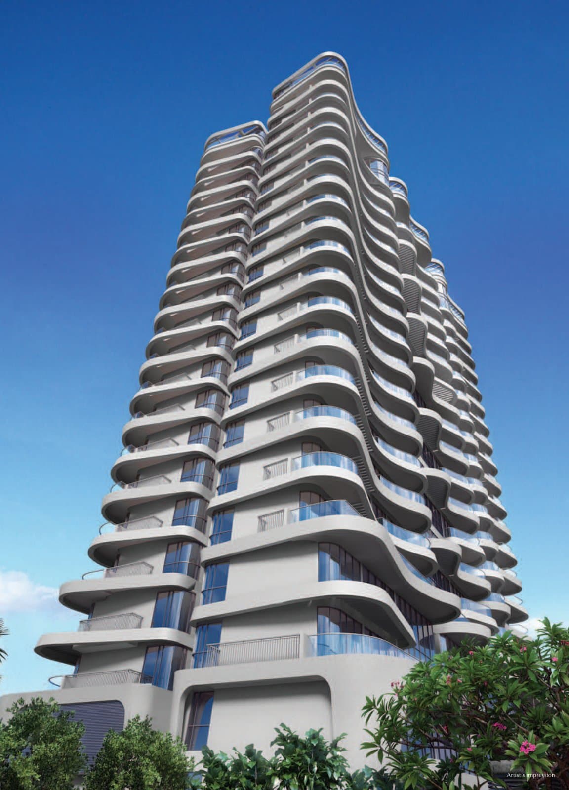 Amber Skye: the 21-storey block with its wave-shaped white balconies at dusk