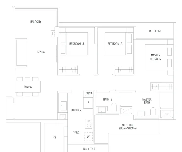 Floor plan of Amberwood at Holland type C1, 3-Bedroom, 872 sq ft