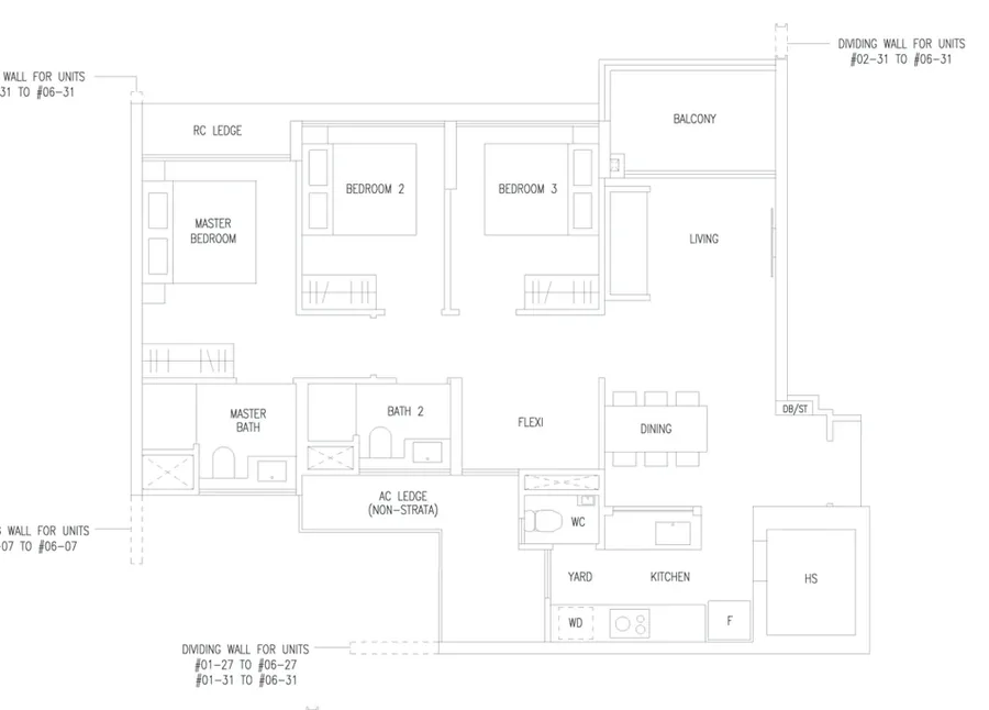Floor plan of Amberwood at Holland type C3F, 3-Bedroom Flexi, 958 sq ft
