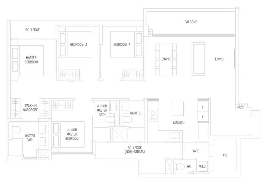 Floor plan of Amberwood at Holland type D5P, 4-Bedroom Premium, 1,249 sq ft