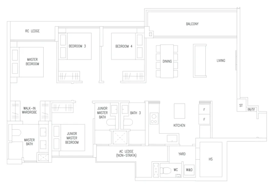 Floor plan of Amberwood at Holland type D6P, 4-Bedroom Premium, 1,259 sq ft