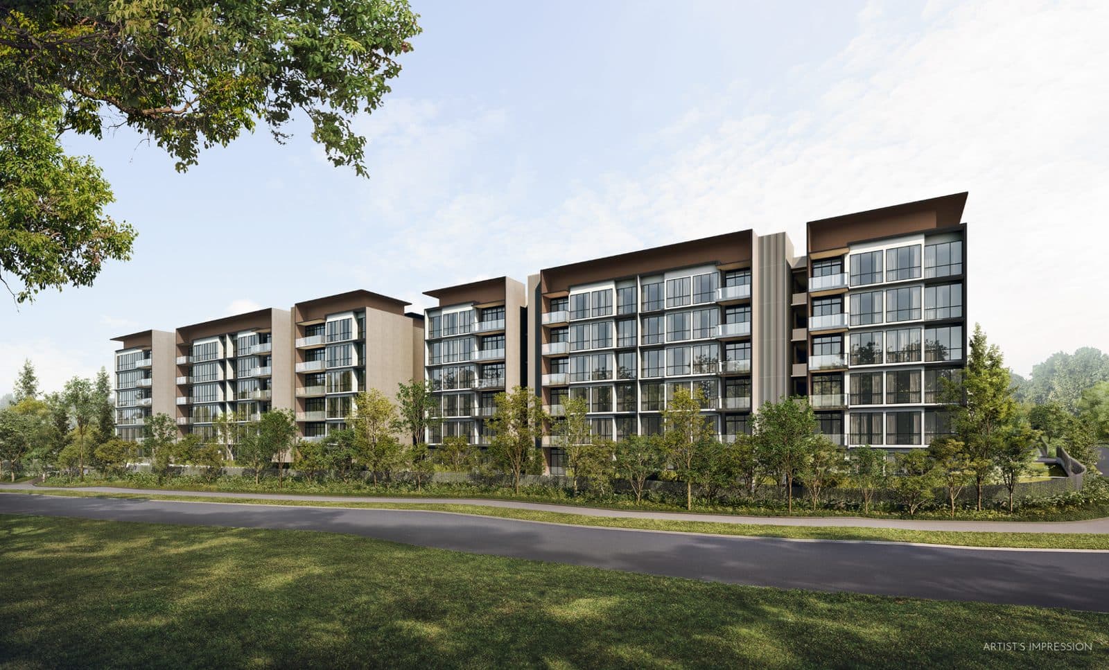 Artist's impression of the six-storey blocks of Amberwood at Holland seen across a lawn and a road, behind a line of trees