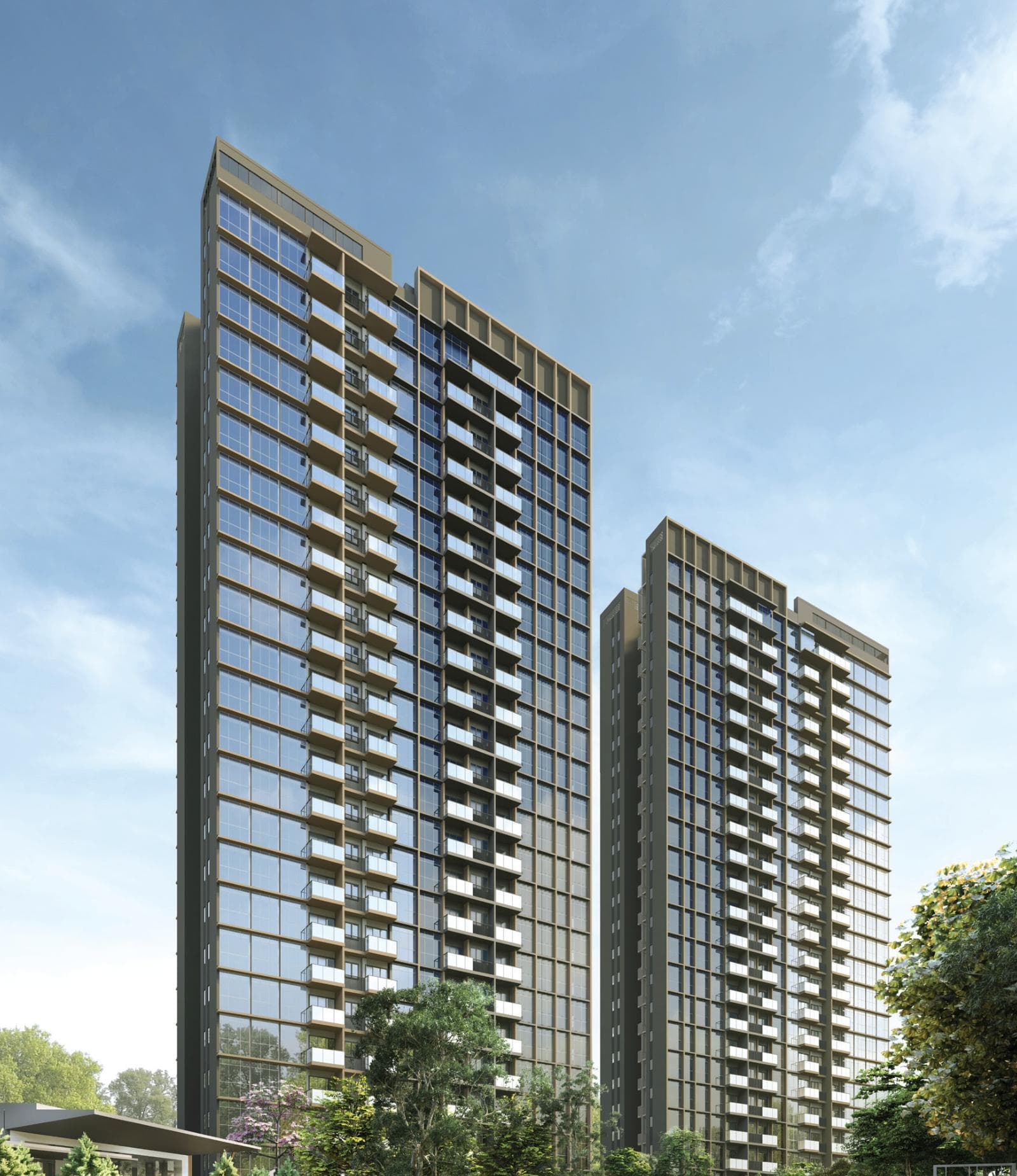 Artist's impression of AMO Residence: two 25-storey towers with bronze frames and glass balconies, seen from the lawn
