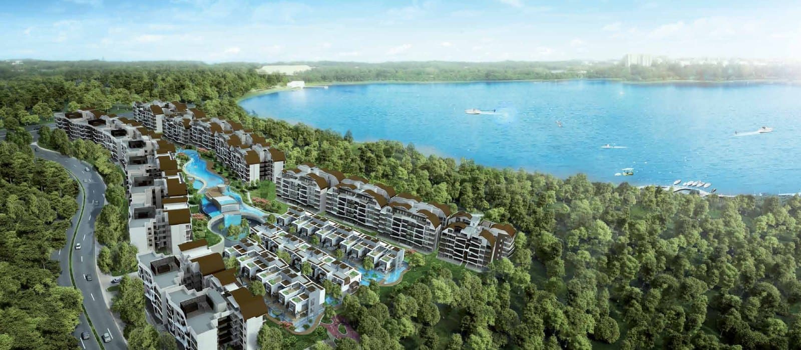 Artist's impression of Archipelago from the air: the five-storey blocks and strata houses among the trees of Bedok Reservoir Park, with the reservoir behind