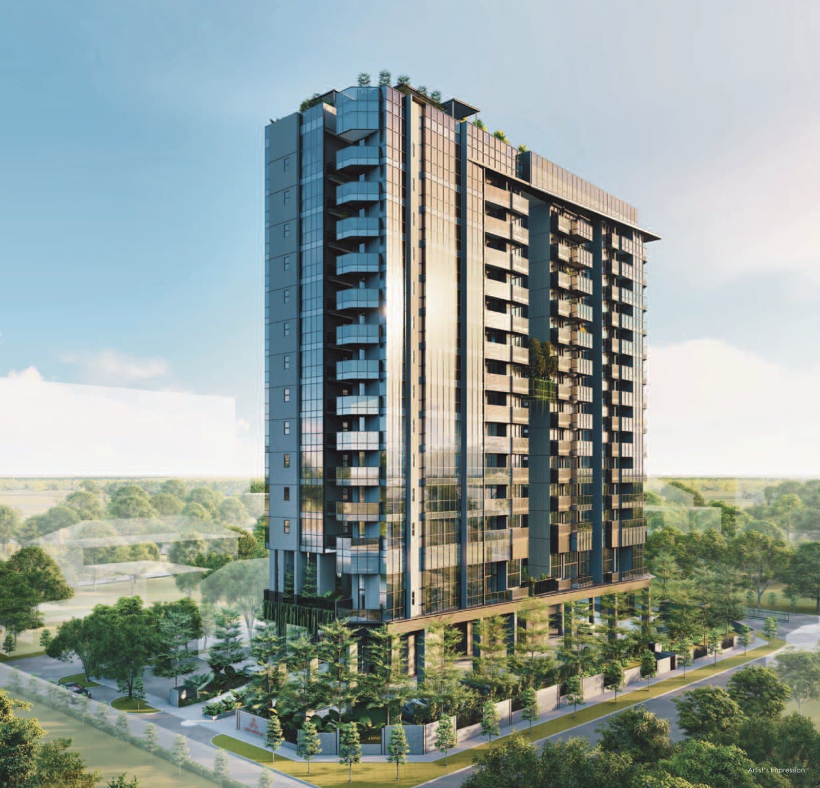 Arena Residences: the 14-storey glass and bronze tower on Guillemard Crescent with its rooftop garden