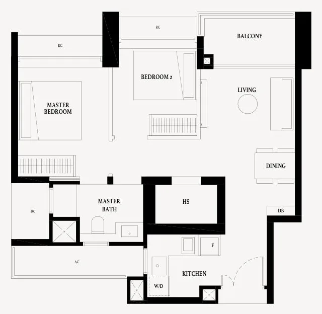 Floor plan of Arina East Residences type B1, 2-Bedroom Deluxe, 678 sq ft