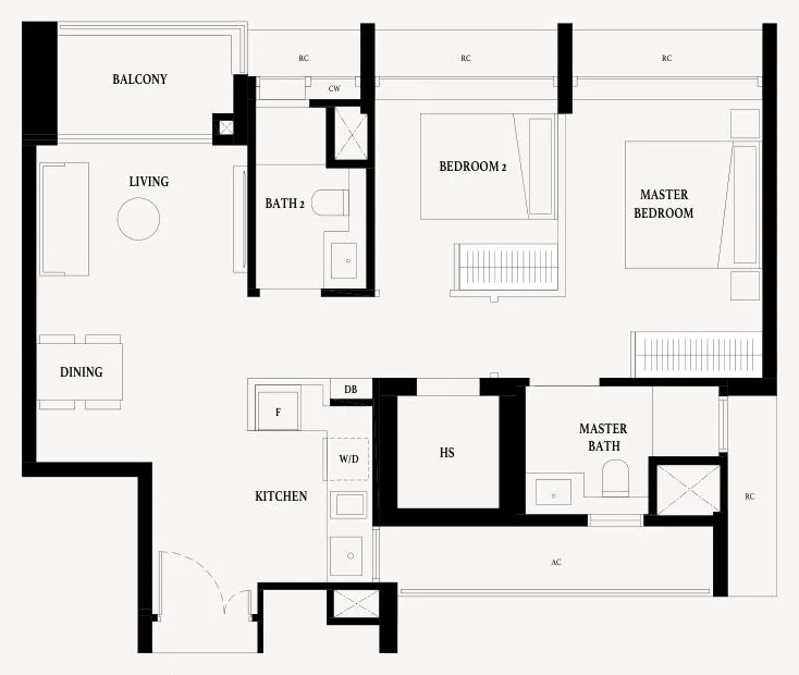 Floor plan of Arina East Residences type B2, 2-Bedroom Premium, 797 sq ft