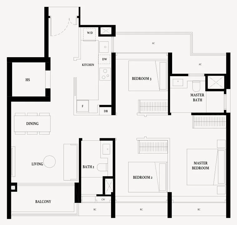 Floor plan of Arina East Residences type C1, 3-Bedroom Deluxe, 969 sq ft