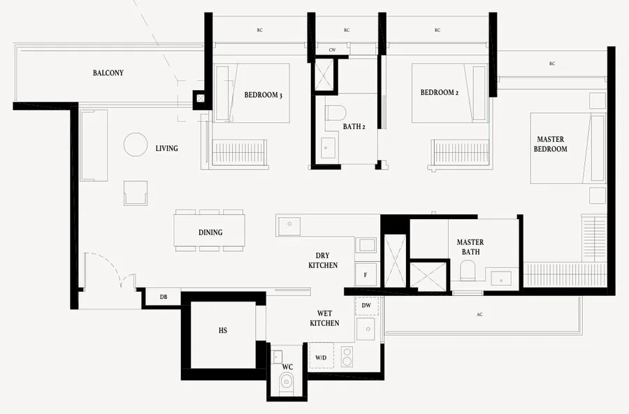 Floor plan of Arina East Residences type C2, 3-Bedroom Premium, 1,087 sq ft