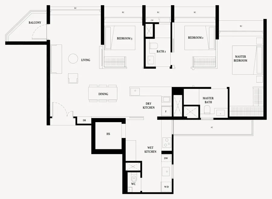 Floor plan of Arina East Residences type C3, 3-Bedroom Premium, 1,195 sq ft