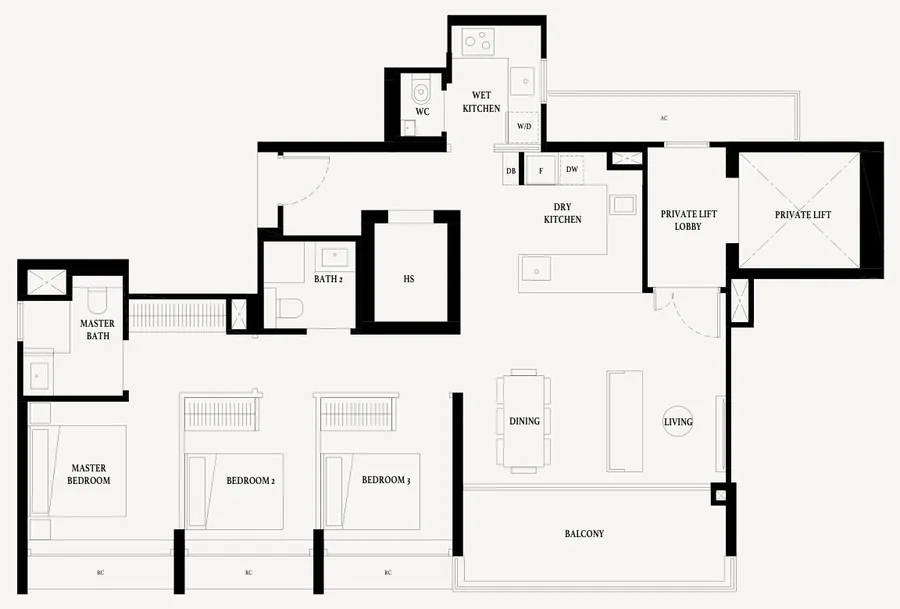 Floor plan of Arina East Residences type C4, 3-Bedroom Premium (Private Lift), 1,238 sq ft