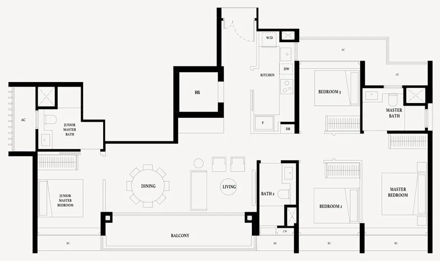 Floor plan of Arina East Residences type D1, 4-Bedroom Premium, 1,324 sq ft