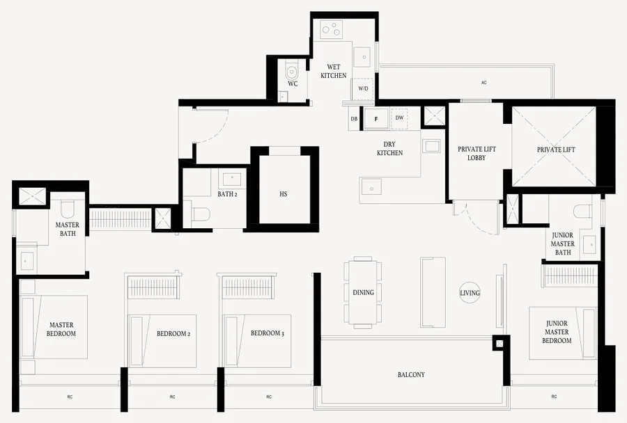 Floor plan of Arina East Residences type D2, 4-Bedroom Premium (Private Lift), 1,389 sq ft