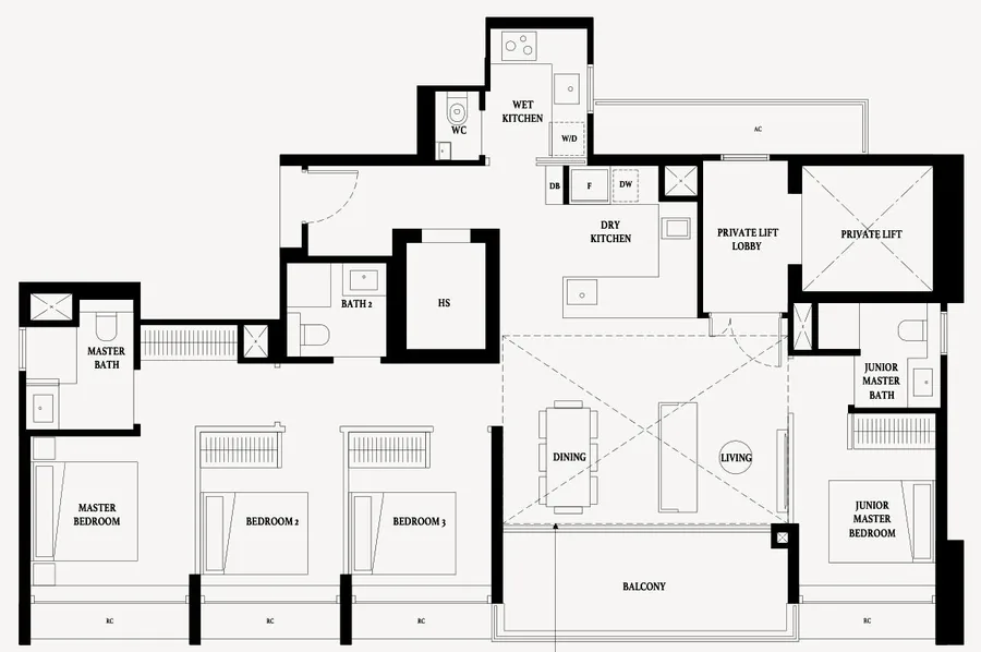 Floor plan of Arina East Residences type D2b, 4-Bedroom Premium (Private Lift), 1,615 sq ft