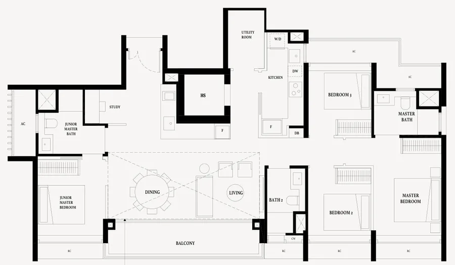 Floor plan of Arina East Residences type DS, 4-Bedroom Premium + Study, 1,679 sq ft
