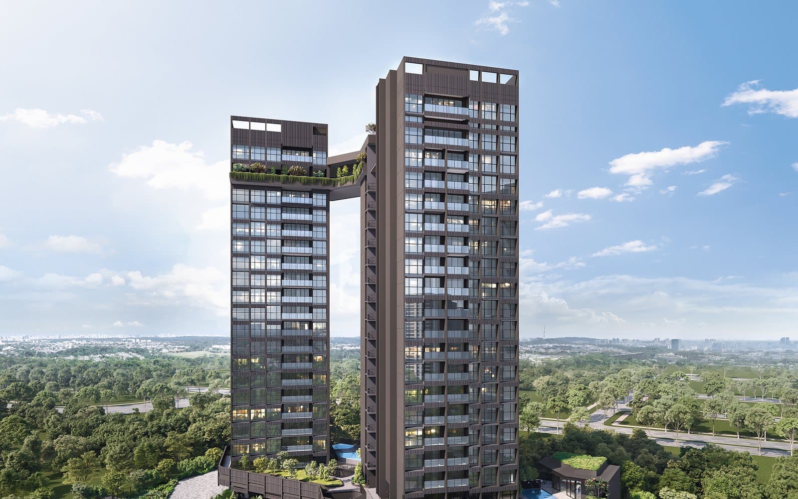 Artist's impression of Arina East Residences from the air: two dark 20-storey towers joined near the top by a planted bridge, with trees and the city beyond