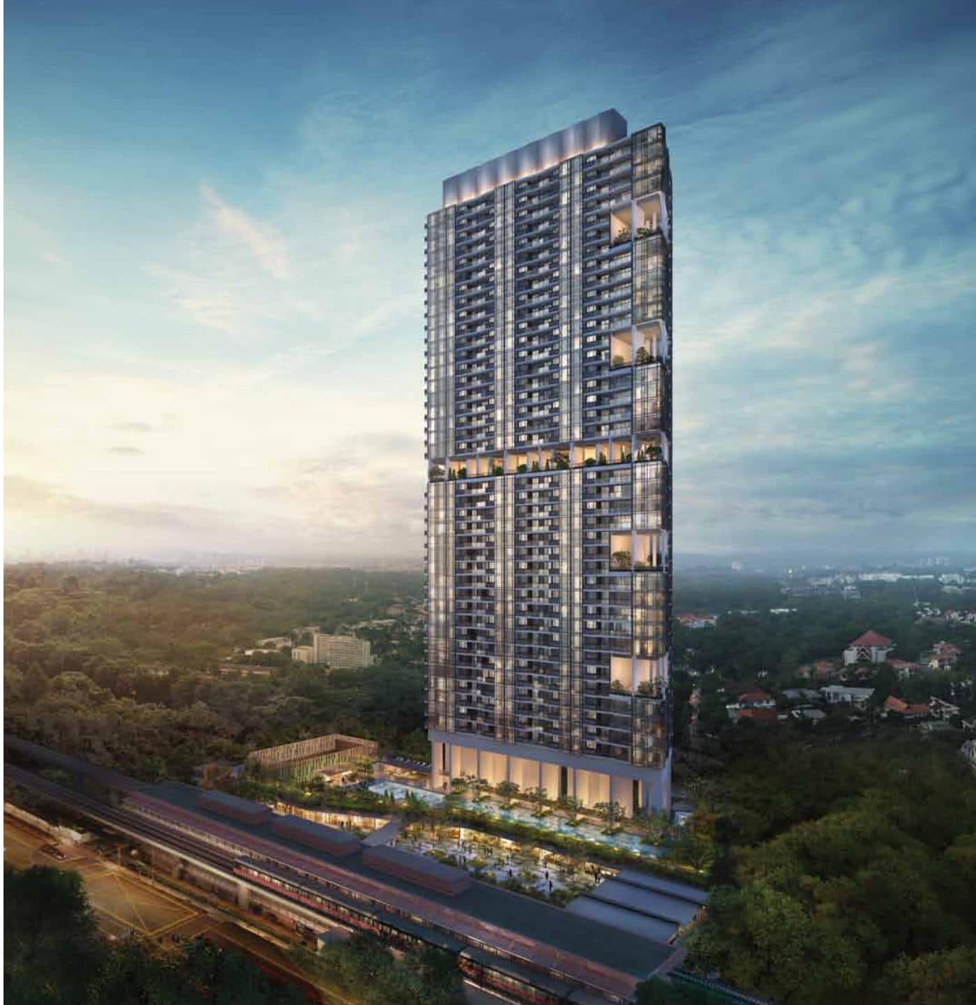 Artist's impression of ARTRA: the 44-storey tower at Alexandra View, with Redhill MRT station and its tracks in front