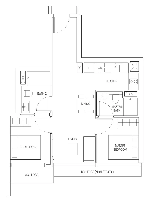 Floor plan of Aurea type B1, B1H, 2-Bedroom (B1), 635 sq ft