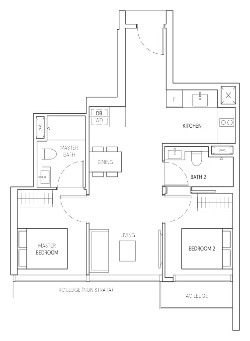 Floor plan of Aurea type B2, B2H, 2-Bedroom (B2), 646 sq ft