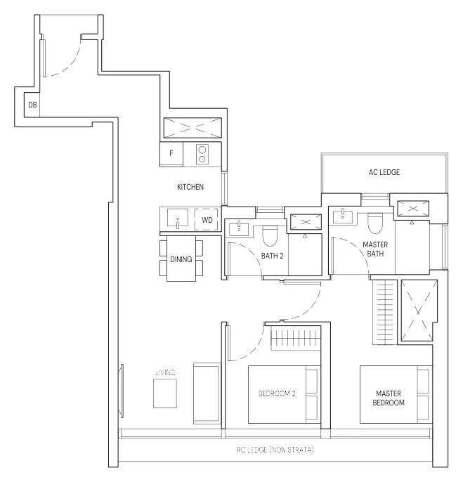 Floor plan of Aurea type B3, B3H, 2-Bedroom (B3), 710 sq ft