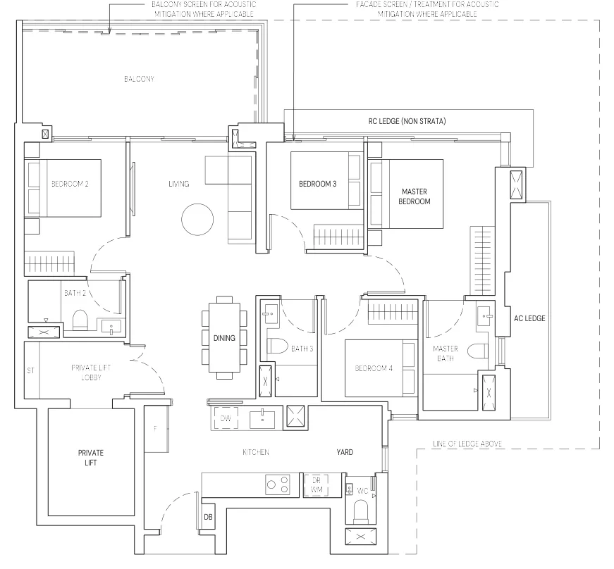 Floor plan of Aurea type D1, D1g, D1H, D1Hg, 4-Bedroom, 1,442 sq ft