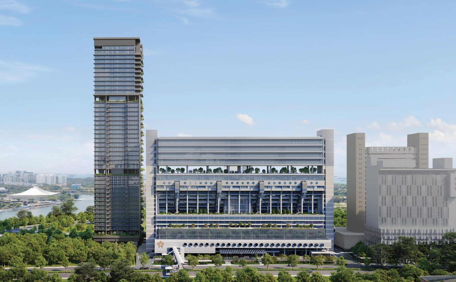 Artist's impression of Aurea from Beach Road by day: the 45-storey tower on the left, with The Golden Mile beside it and the Kallang Basin behind