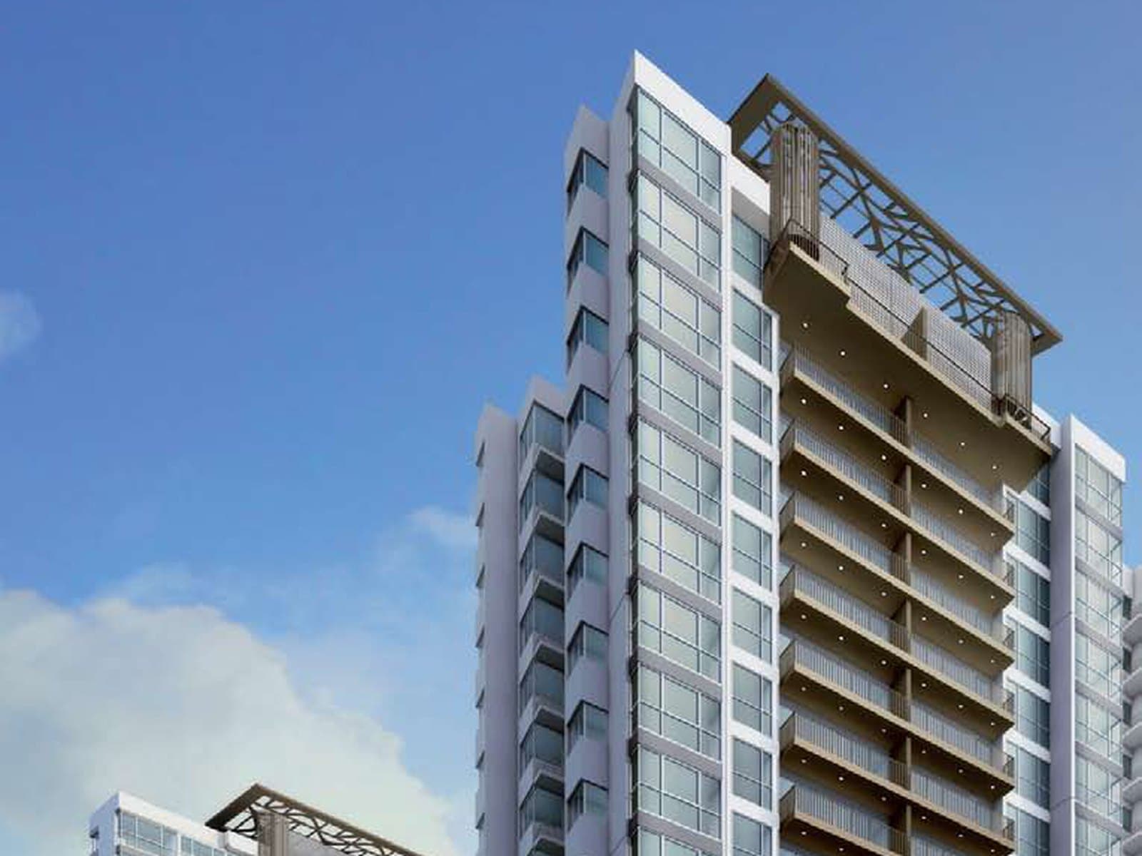 Artist's impression of Austville Residences: the upper storeys of a tower with glazed corners, bronze balcony bands and a trellis frame over the roof terraces, a second tower behind