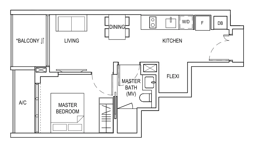 Floor plan of Bagnall Haus type A1, 1 Bedroom + Flexi, 495 sq ft