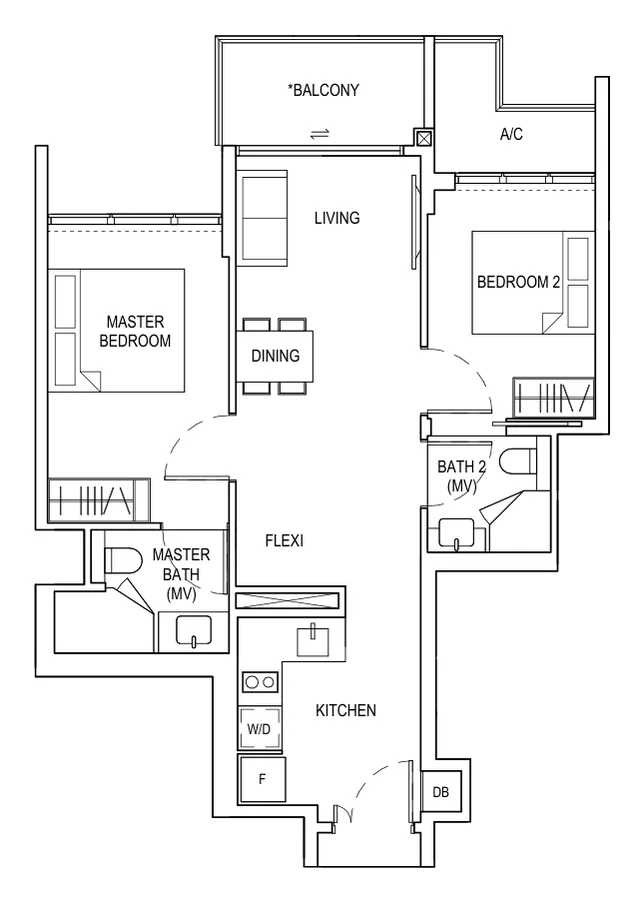 Floor plan of Bagnall Haus type B2a, 2 Bedroom + Flexi, 743 sq ft