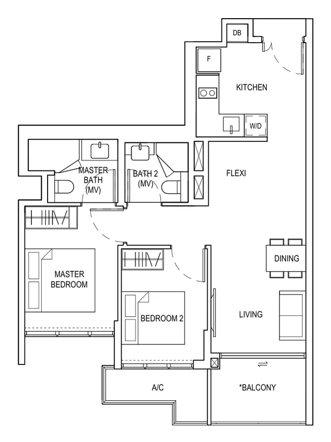 Floor plan of Bagnall Haus type B2b, 2 Bedroom + Flexi, 753 sq ft
