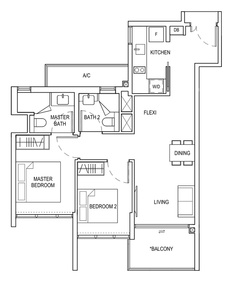 Floor plan of Bagnall Haus type B2d, 2 Bedroom + Flexi, 753 sq ft