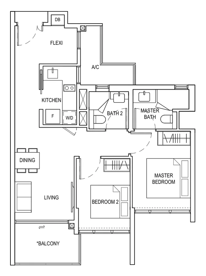 Floor plan of Bagnall Haus type B2e, 2 Bedroom + Flexi, 753 sq ft
