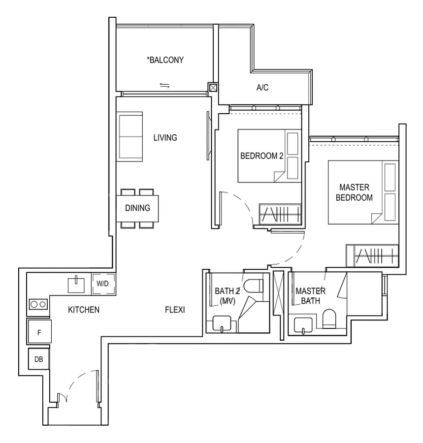 Floor plan of Bagnall Haus type B2f, 2 Bedroom + Flexi, 753 sq ft