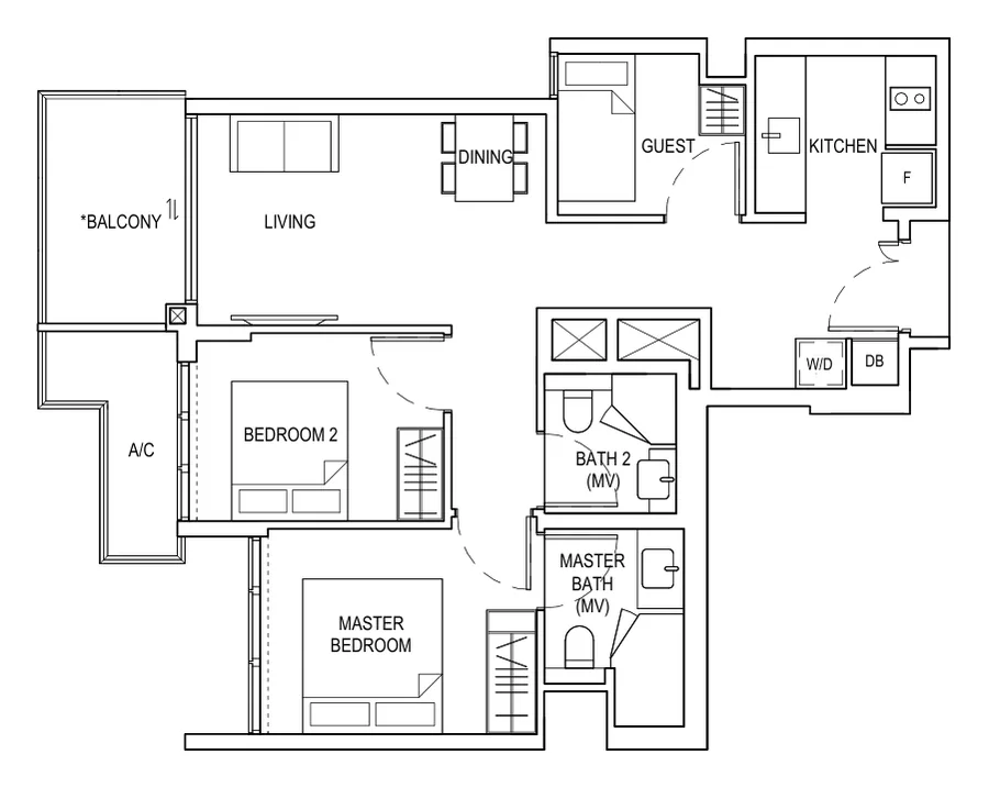 Floor plan of Bagnall Haus type C1, 2 Bedroom + Guest, 807 sq ft