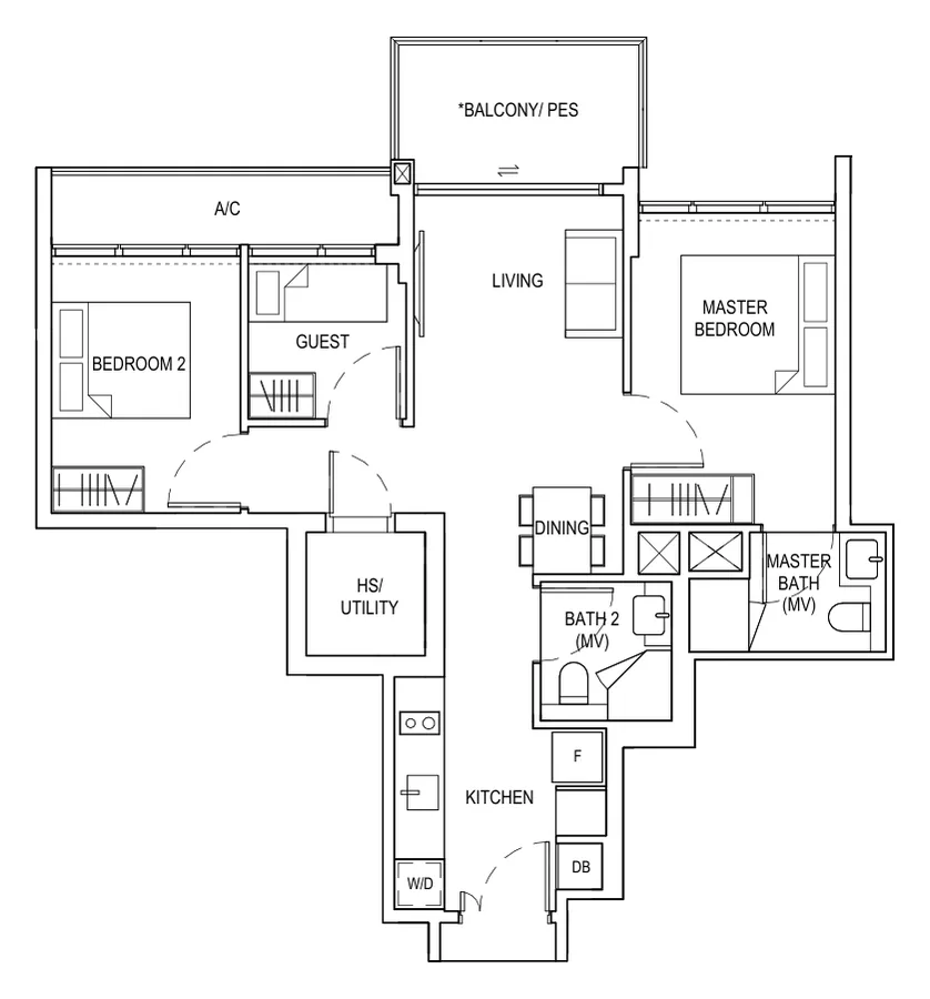 Floor plan of Bagnall Haus type C2, 2 Bedroom + Guest, 829 sq ft