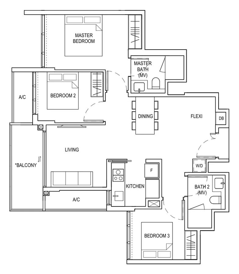 Floor plan of Bagnall Haus type D1, 3 Bedroom + Flexi, 980 sq ft